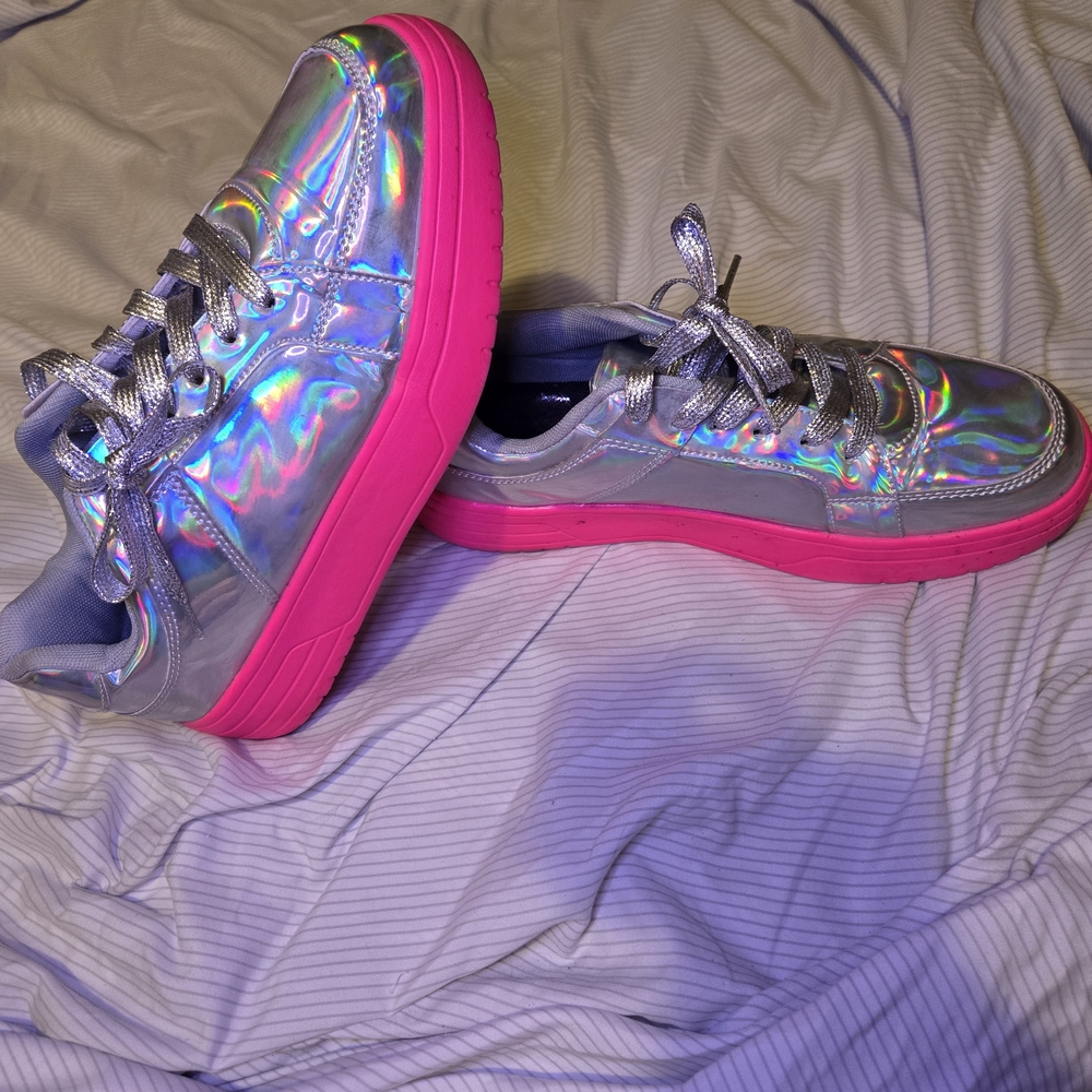 SHEIN Silver and Pink Holographic Sneakers